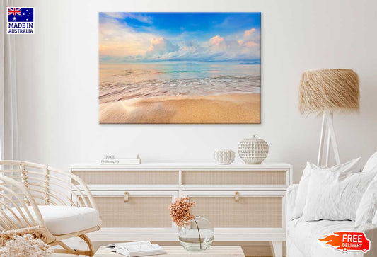 Sea Waves on Sandy Beach with Blue Sky Photograph Print 100% Australian Made