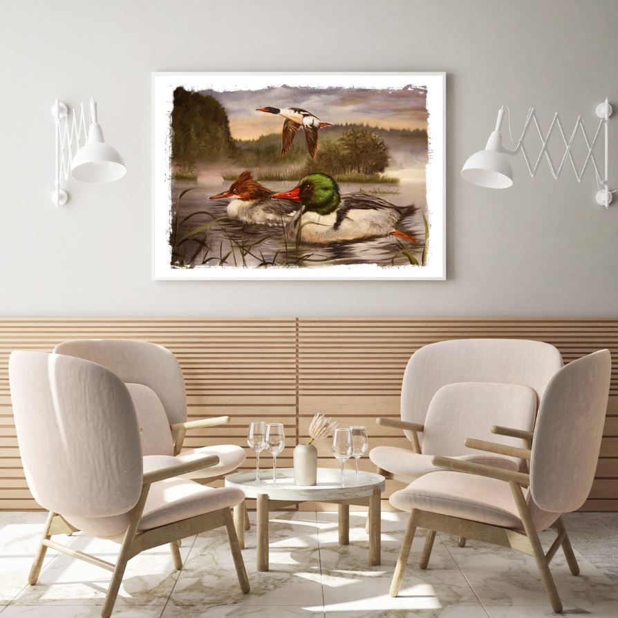 Ducks & Bird on River Watercolor Painting Home Decor Premium Quality Poster Print Choose Your Sizes