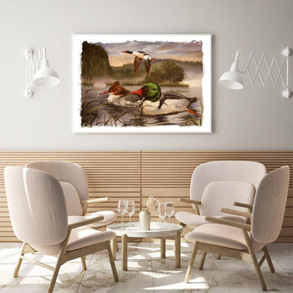 Ducks & Bird on River Watercolor Painting Home Decor Premium Quality Poster Print Choose Your Sizes