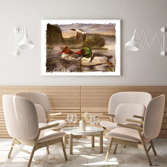 Ducks & Bird on River Watercolor Painting Home Decor Premium Quality Poster Print Choose Your Sizes