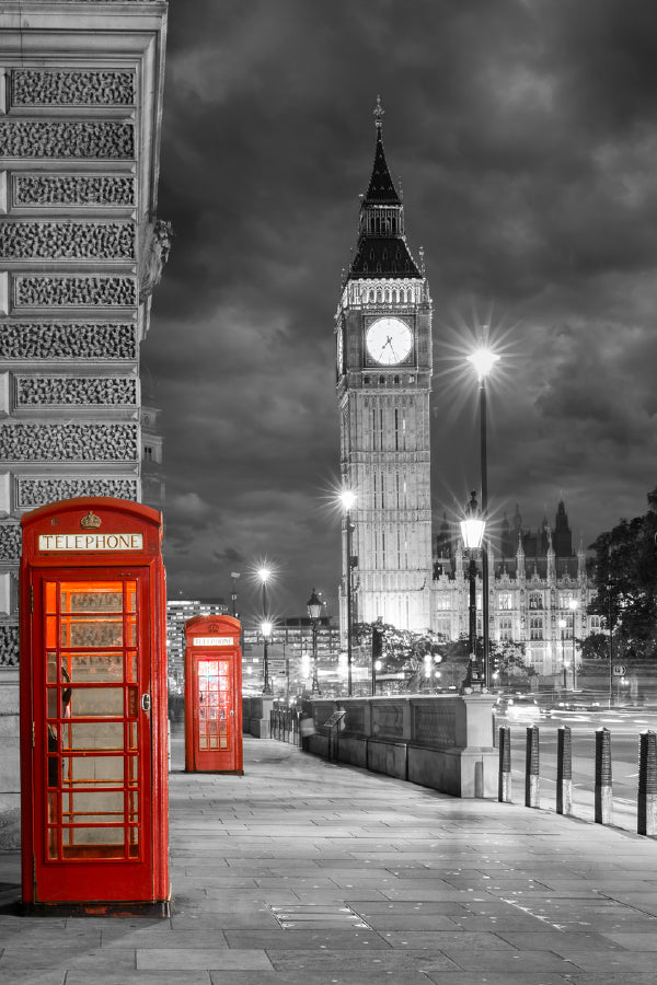 Telephone Booth near Big Ben B&W View Photograph Home Decor Premium Quality Poster Print Choose Your Sizes