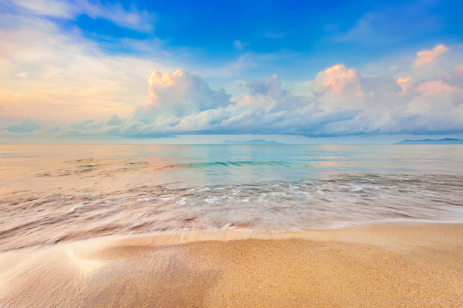 Sea Waves on Sandy Beach with Blue Sky Photograph Print 100% Australian Made