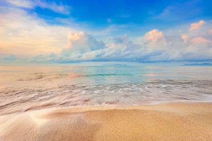 Sea Waves on Sandy Beach with Blue Sky Photograph Print 100% Australian Made