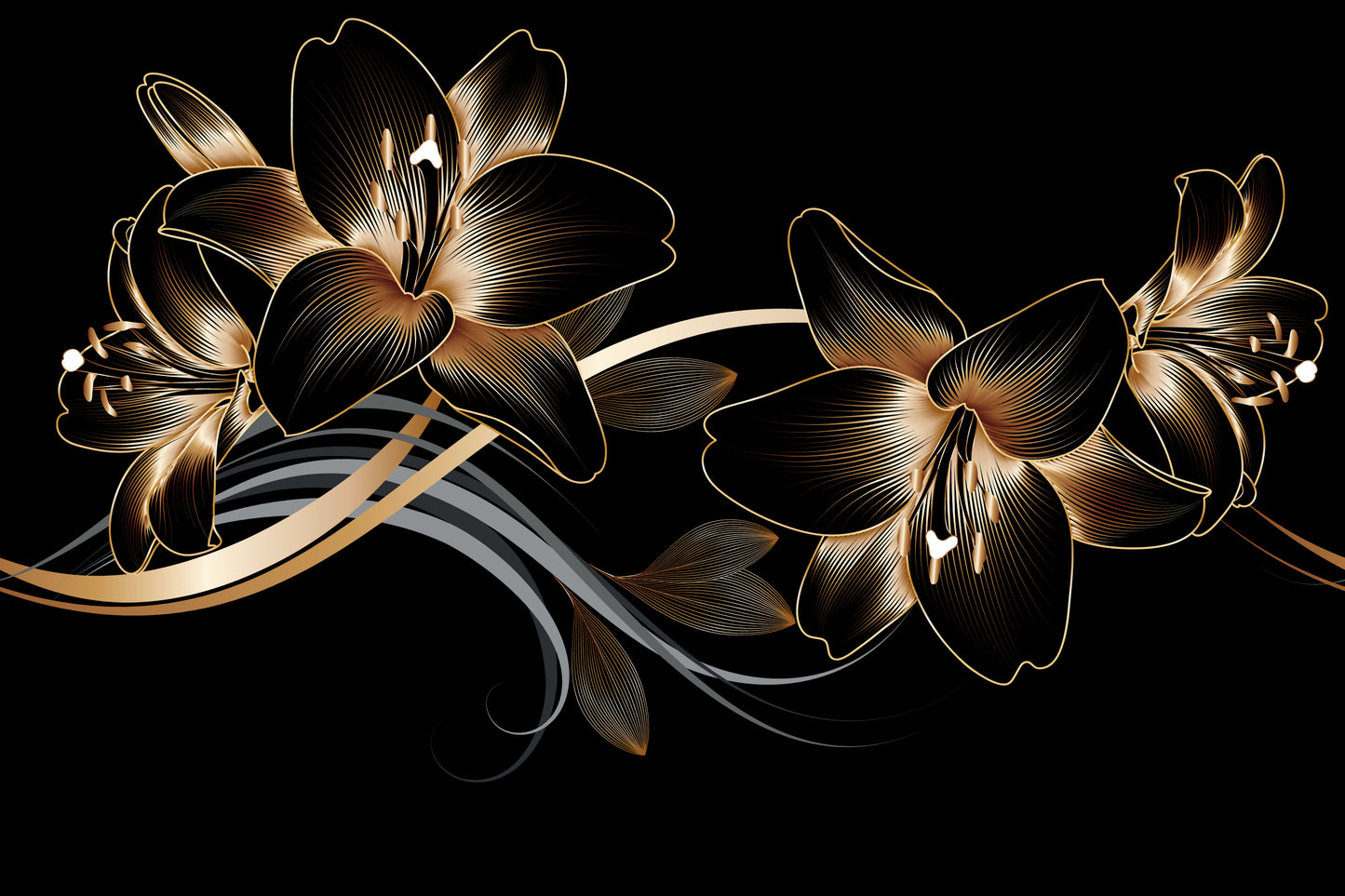 Wallpaper Murals Peel and Stick Removable Black & Gold Floral Abstract Design High Quality