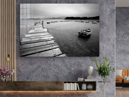 Wooden Pier & Boat B&W Print Tempered Glass Wall Art 100% Made in Australia Ready to Hang