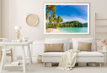 Sandy Beach & Palm Tree Blue Sky Photograph Home Decor Premium Quality Poster Print Choose Your Sizes