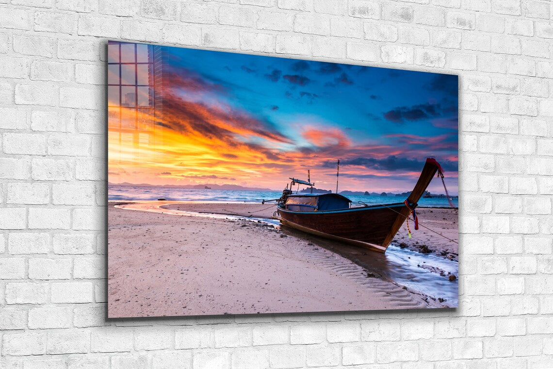 Boat at the Sunset Sky Print Tempered Glass Wall Art 100% Made in Australia Ready to Hang