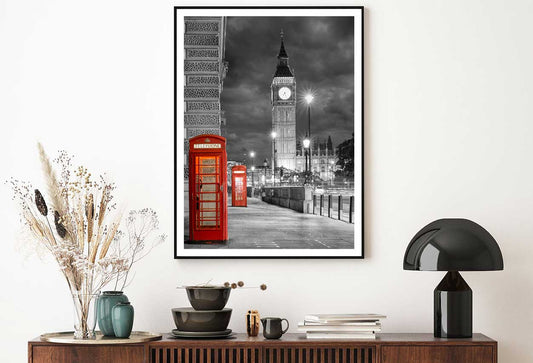 Telephone Booth near Big Ben B&W View Photograph Home Decor Premium Quality Poster Print Choose Your Sizes