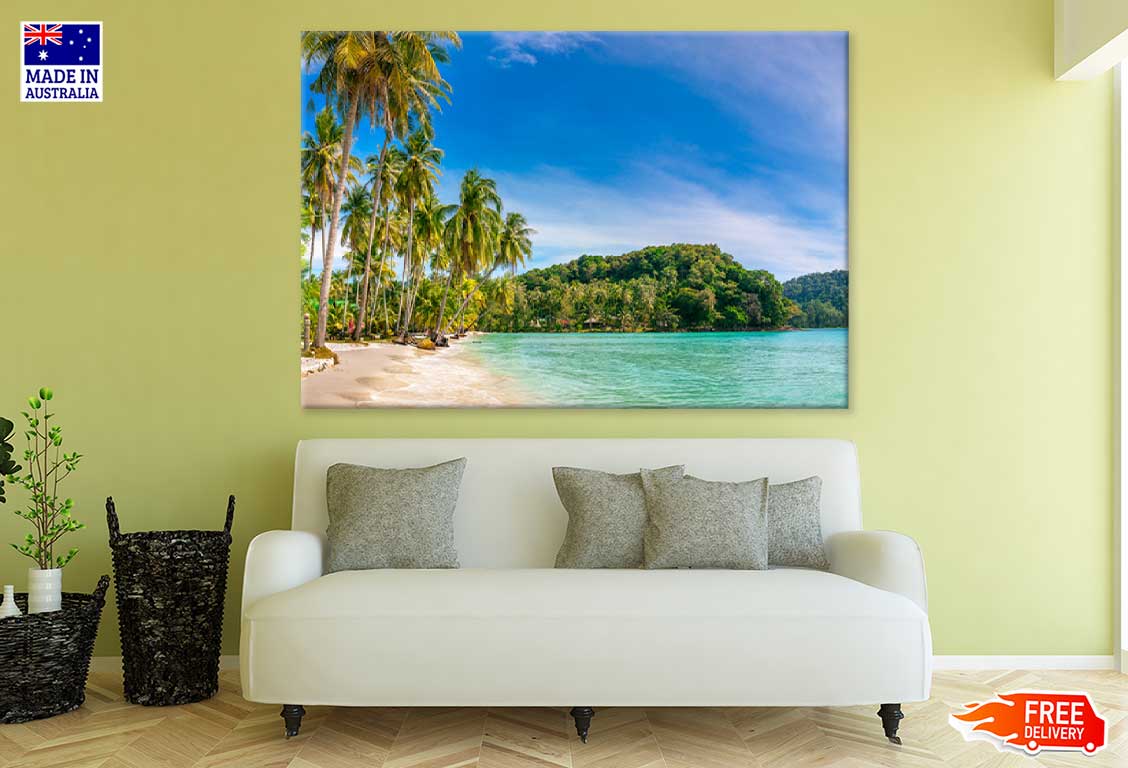 Sandy Beach & Palm Tree Blue Sky View Photograph Print 100% Australian Made