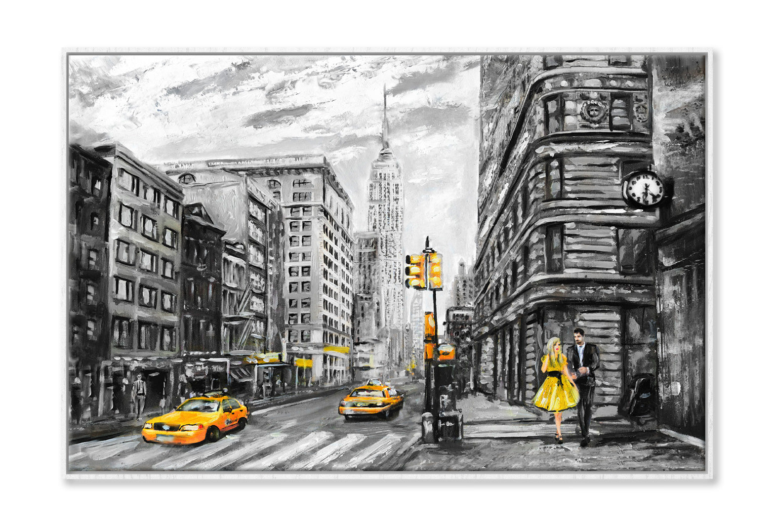 Street View of New York Yellow Taxi & Couple B&W Painting Wall Art Limited Edition High Quality Print Canvas Box Framed White