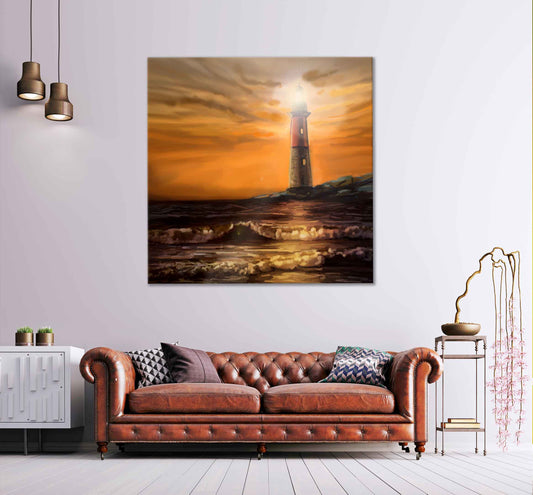 Square Canvas Lighthouse & Ocean Painting High Quality Print 100% Australian Made