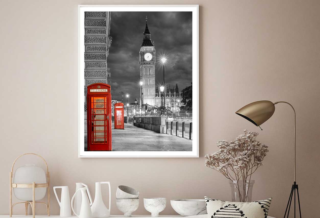 Telephone Booth near Big Ben B&W View Photograph Home Decor Premium Quality Poster Print Choose Your Sizes