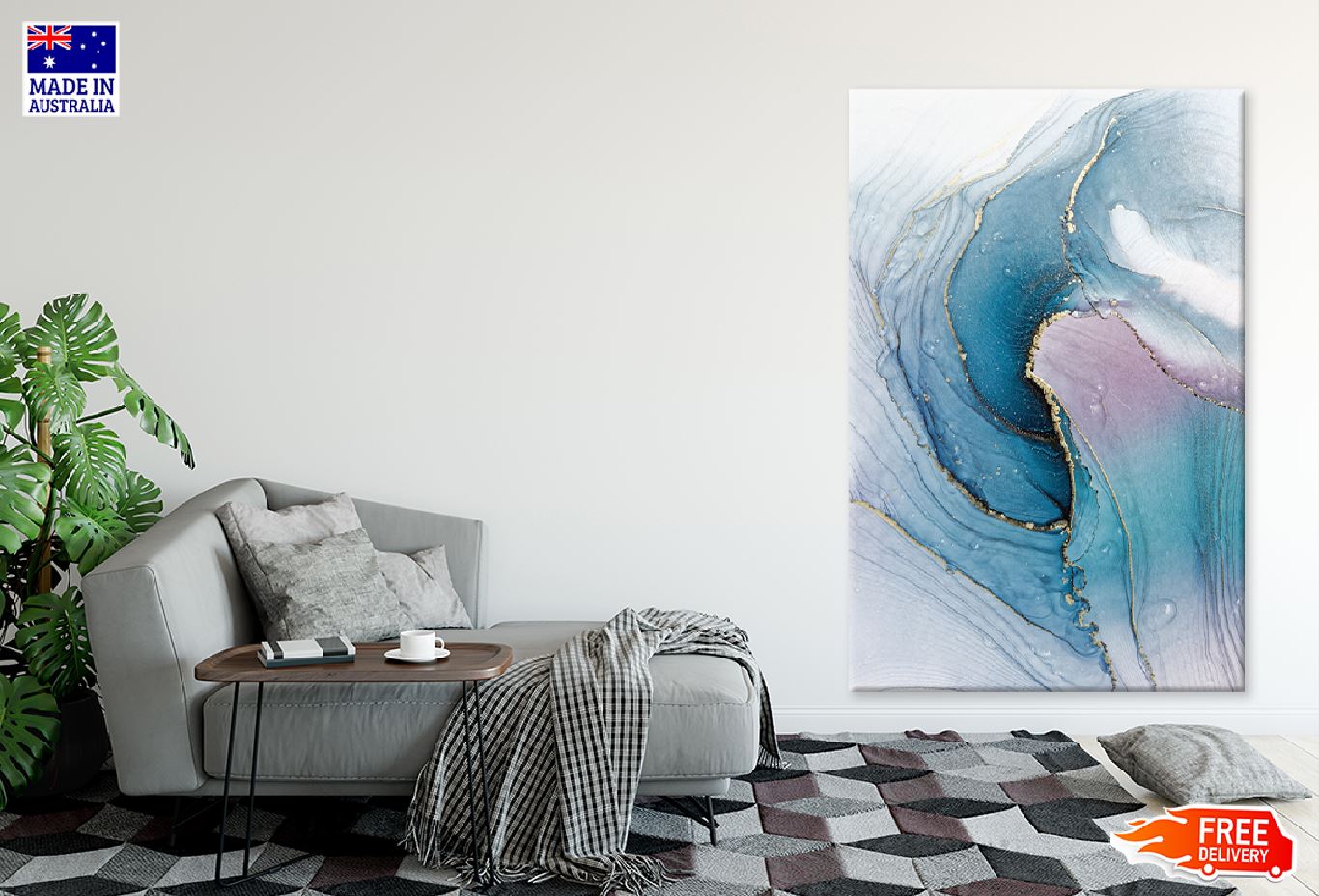 Blue & Pink Gold Marble Abstract Design Print 100% Australian Made