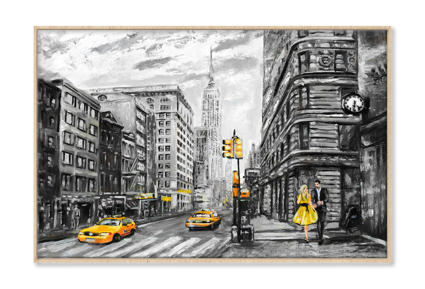 Street View of New York Yellow Taxi & Couple B&W Painting Wall Art Limited Edition High Quality Print Canvas Box Framed Natural