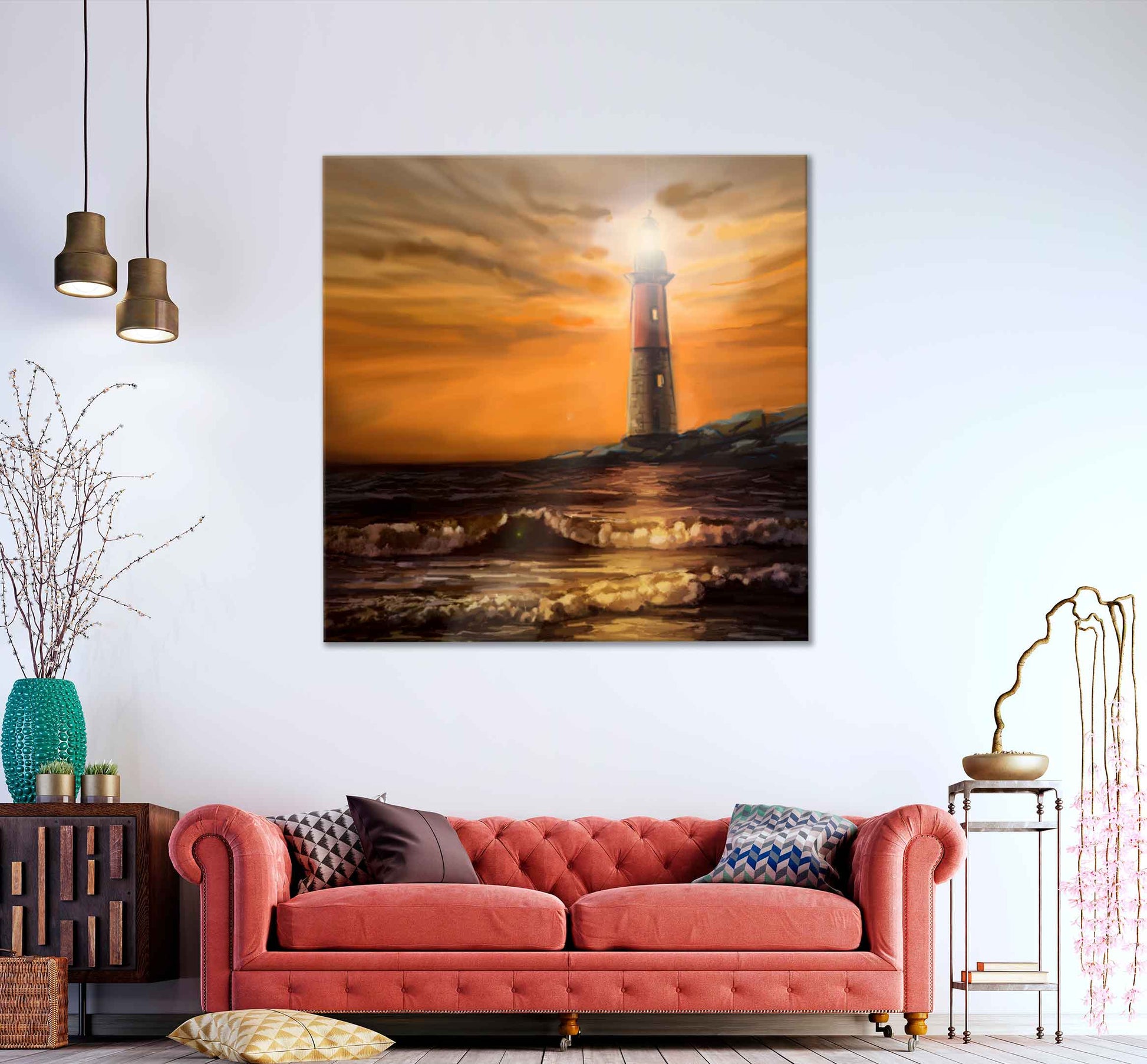 Square Canvas Lighthouse & Ocean Painting High Quality Print 100% Australian Made