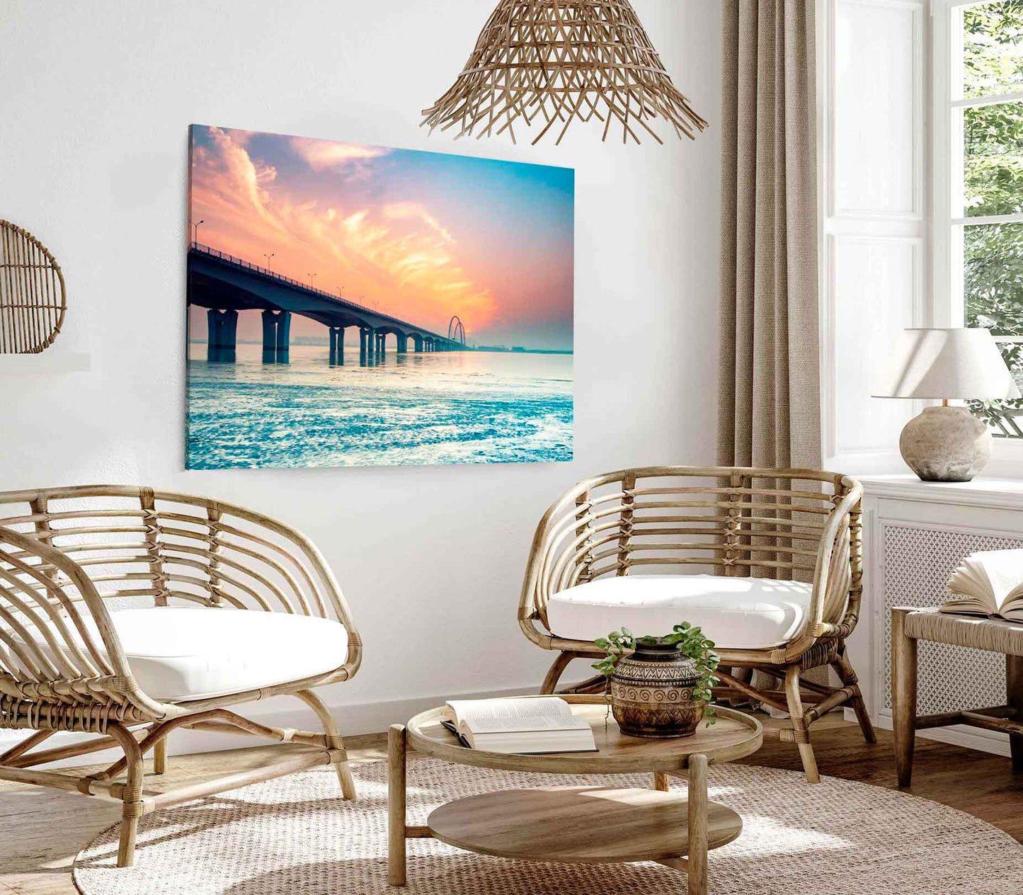 Bella Home Sunset & a Long Pier on the Sea Print Canvas Ready to hang