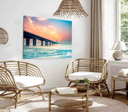 Bella Home Sunset & a Long Pier on the Sea Print Canvas Ready to hang