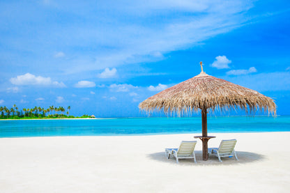 Beds & Umbrella Near Maldives Sea Photograph Print 100% Australian Made