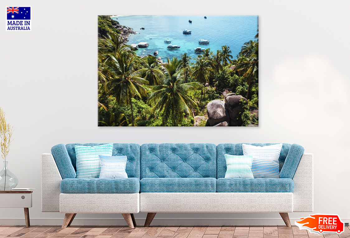 Plam Trees & Boat On Sea View Photograph Print 100% Australian Made