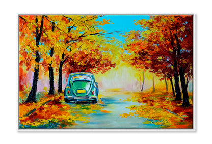 Car In The Colorful Autumn Forest Road Wall Art Limited Edition High Quality Print Canvas Box Framed White