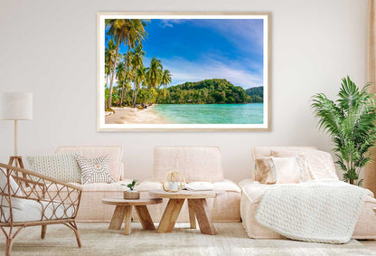 Sandy Beach & Palm Tree Blue Sky Photograph Home Decor Premium Quality Poster Print Choose Your Sizes