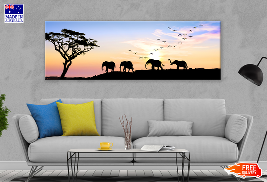 Panoramic Canvas Elephants Walking in Sunset High Quality 100% Australian made wall Canvas Print ready to hang