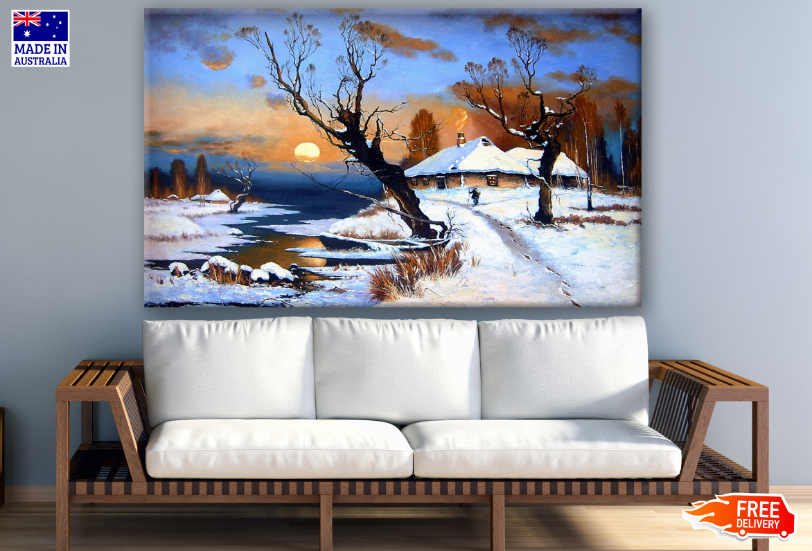 Trees & House in Snow Painting Print 100% Australian Made