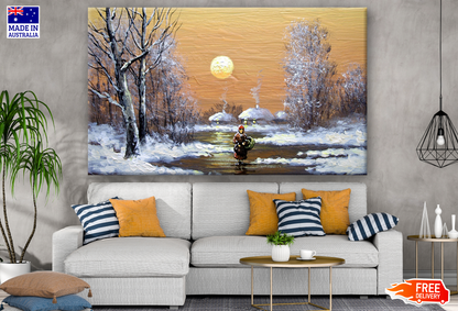 Woman Walking on Snow Ground Sunset Painting Print 100% Australian Made