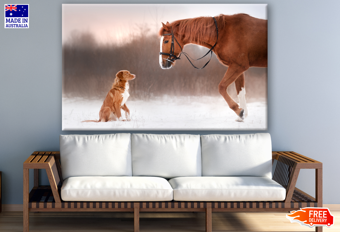 Horse & Dog Looking Each other On Snow Print 100% Australian Made