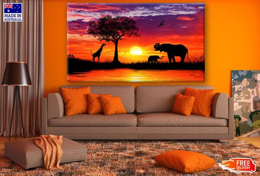 Elephants, Giraffe & Bird in Sunset Painting Print 100% Australian Made