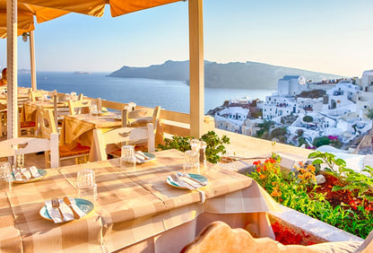 Open Air Cosy Restaurant in Oia Village on Santorini Island Photograph Print 100% Australian Made