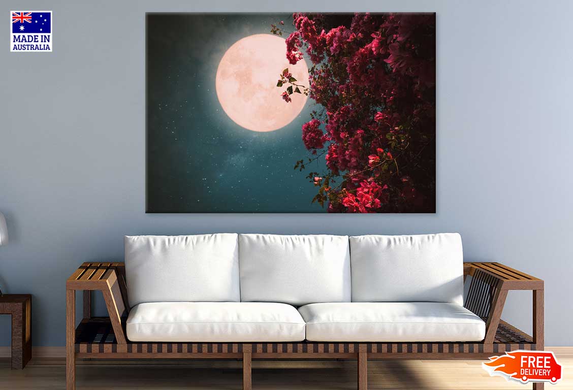 Pink Blossom Flowers & Full Moon View Photograph Print 100% Australian Made