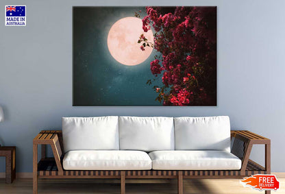 Pink Blossom Flowers & Full Moon View Photograph Print 100% Australian Made