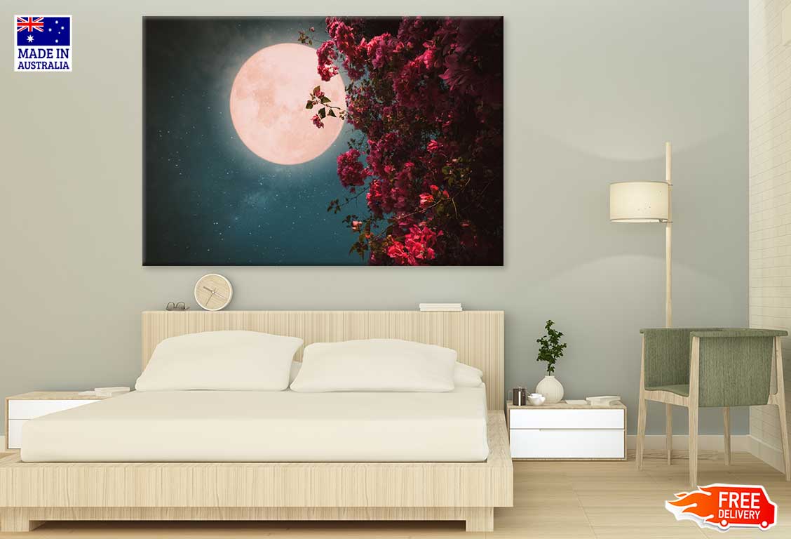 Pink Blossom Flowers & Full Moon View Photograph Print 100% Australian Made