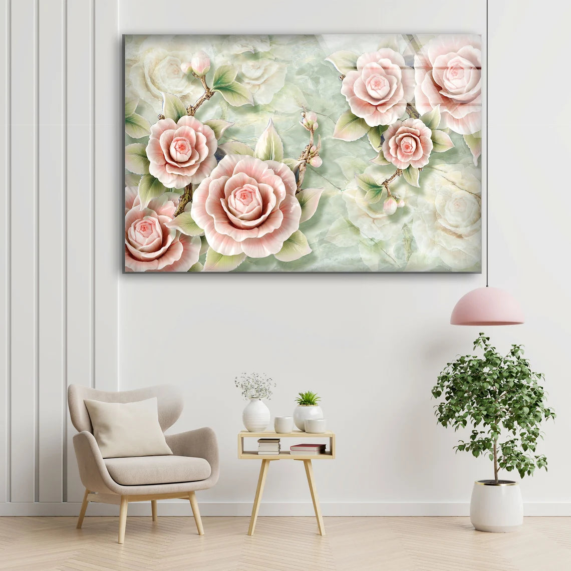 Pink Flowers 3D Marble Design Acrylic Glass Print Tempered Glass Wall Art 100% Made in Australia Ready to Hang