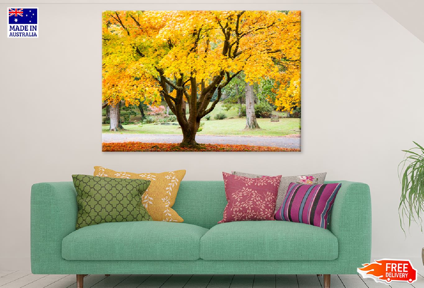 Yellow Maple Tree Near Pathway Photograph Print 100% Australian Made