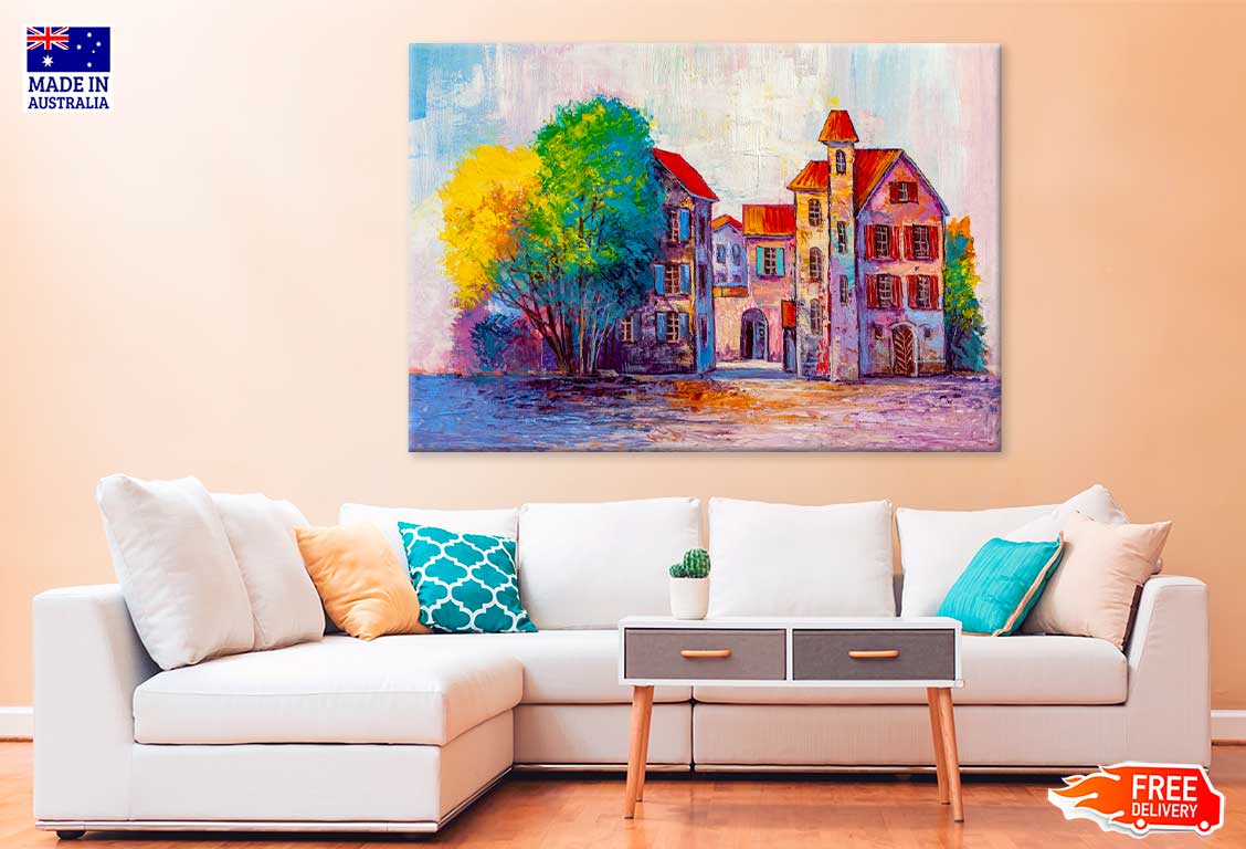 Colorful Trees near Buildings Painting Print 100% Australian Made