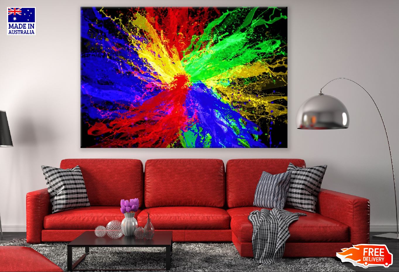 Blue Red Yellow & Green Splash Abstract Design Print 100% Australian Made