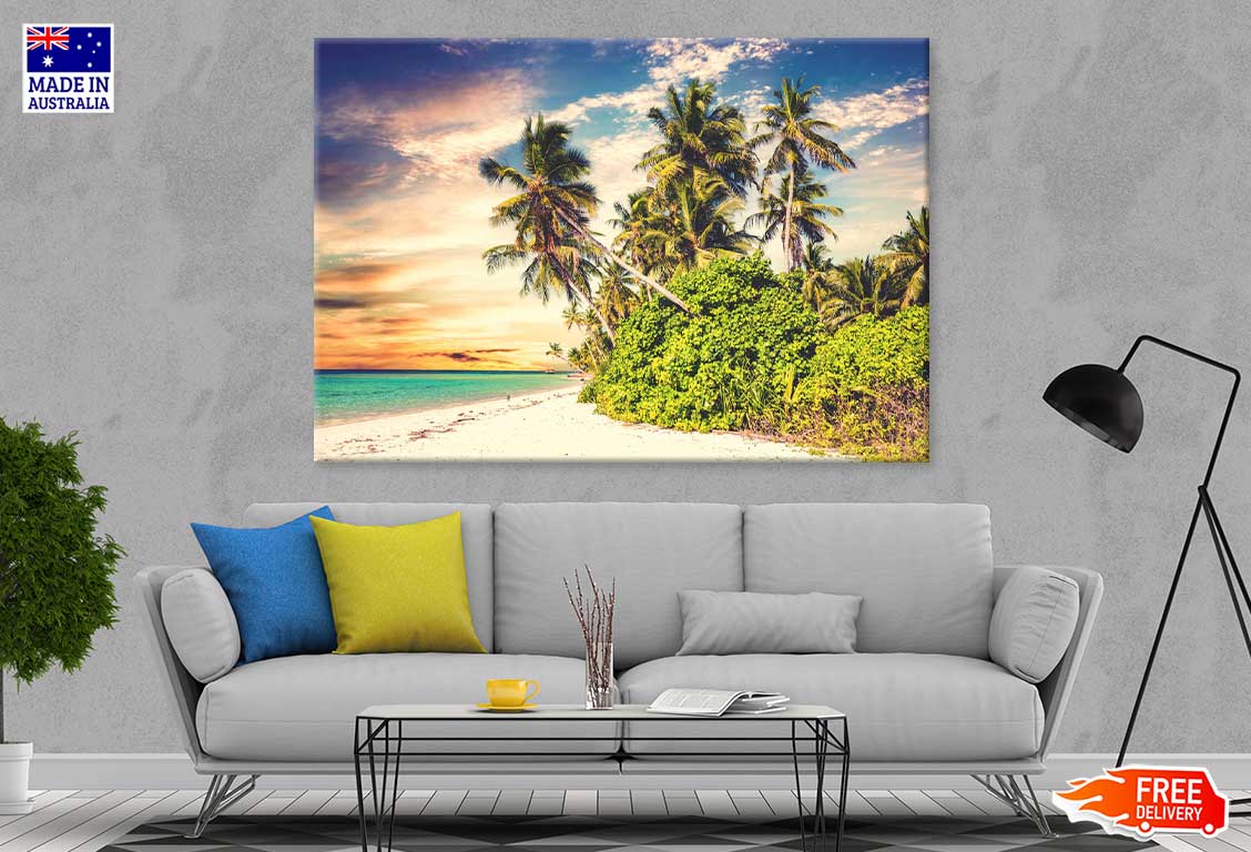 Beach with Palm Trees Sunset Sky Photograph Print 100% Australian Made