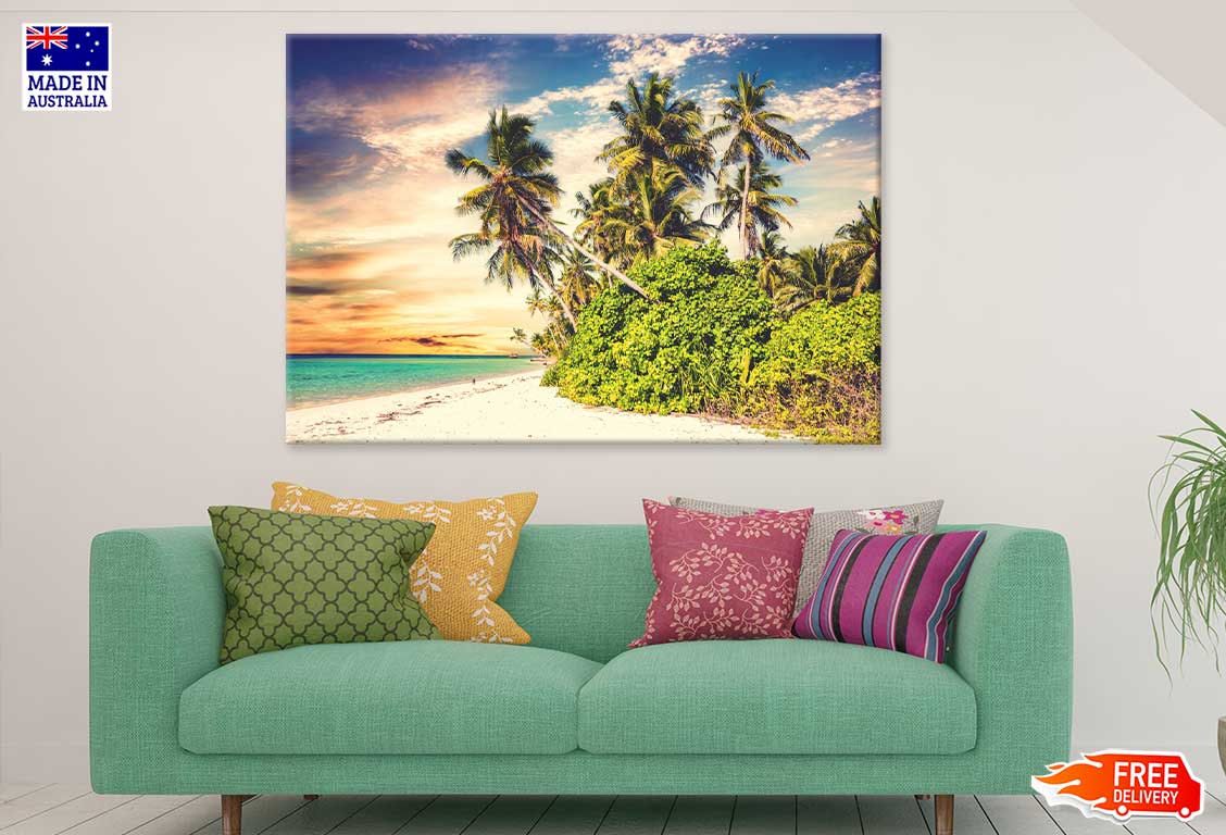 Beach with Palm Trees Sunset Sky Photograph Print 100% Australian Made
