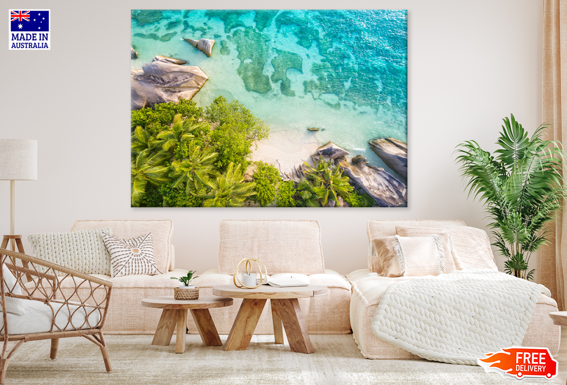 Palm Trees & Rocks On Sea Aerial Scenery View Print 100% Australian Made
