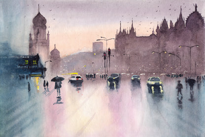 Bella Home Rainy Cityscape Painting Mumbai Print Canvas Ready to hang