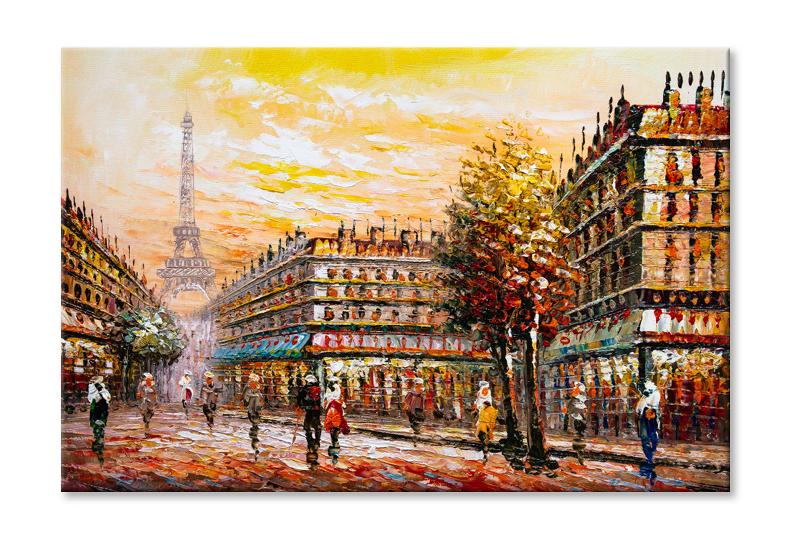 Eiffle Tower People Walking on Street Oil Painting Wall Art Limited Edition High Quality Print Stretched Canvas None