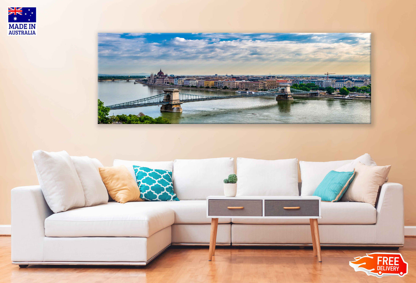 Panoramic Canvas Budapest with Bridge Sky View High Quality 100% Australian Made Wall Canvas Print Ready to Hang