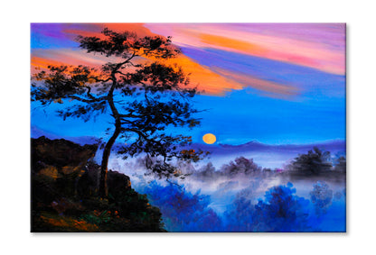 Tree On The Mountain Forest Oil Painting Wall Art Limited Edition High Quality Print Stretched Canvas None