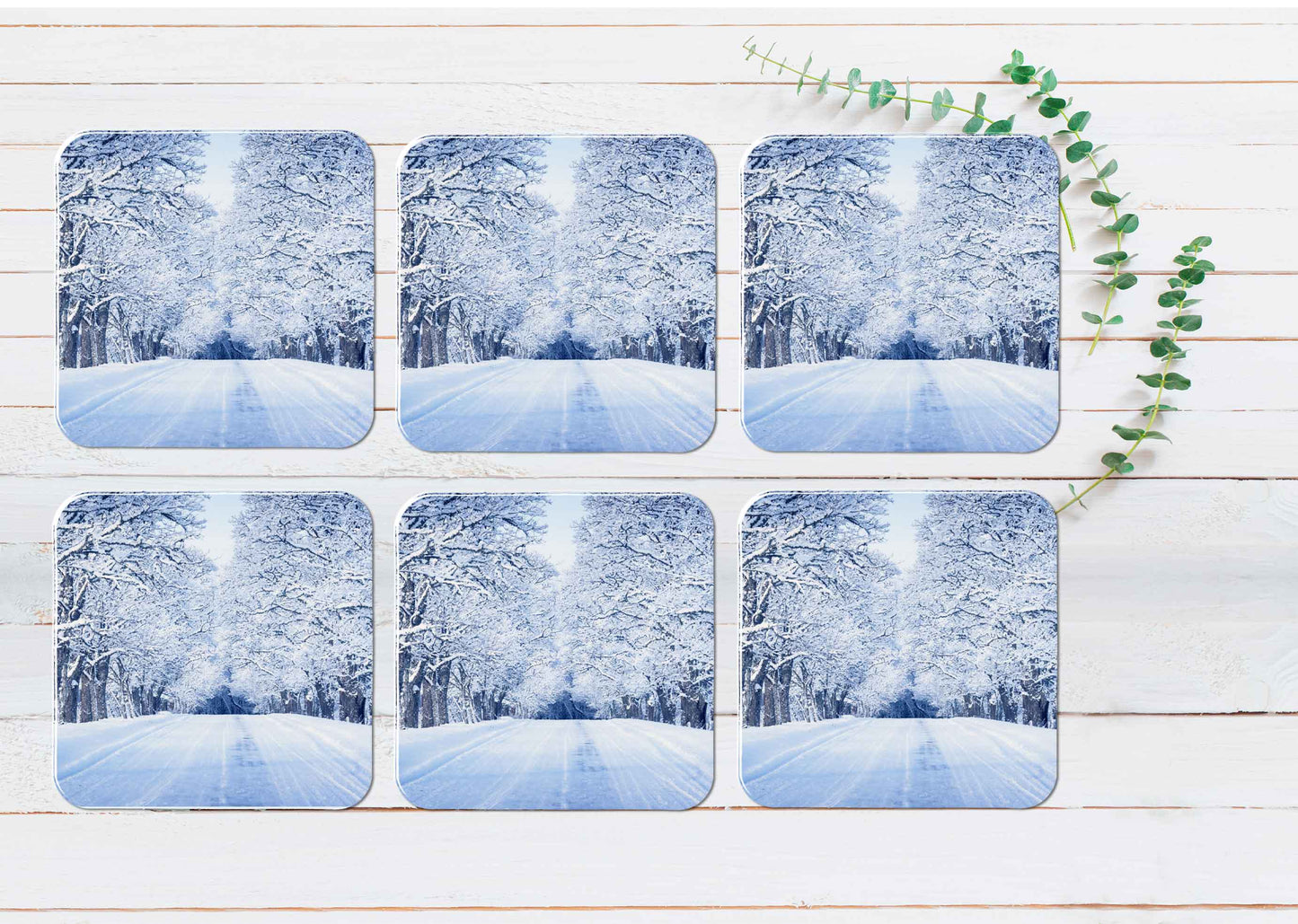 Road & Trees With Snow on Winter Coasters Wood & Rubber - Set of 6 Coasters