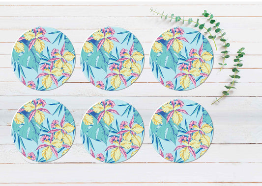 Blue Abstract Flowers Coasters Wood & Rubber - Set of 6 Coasters