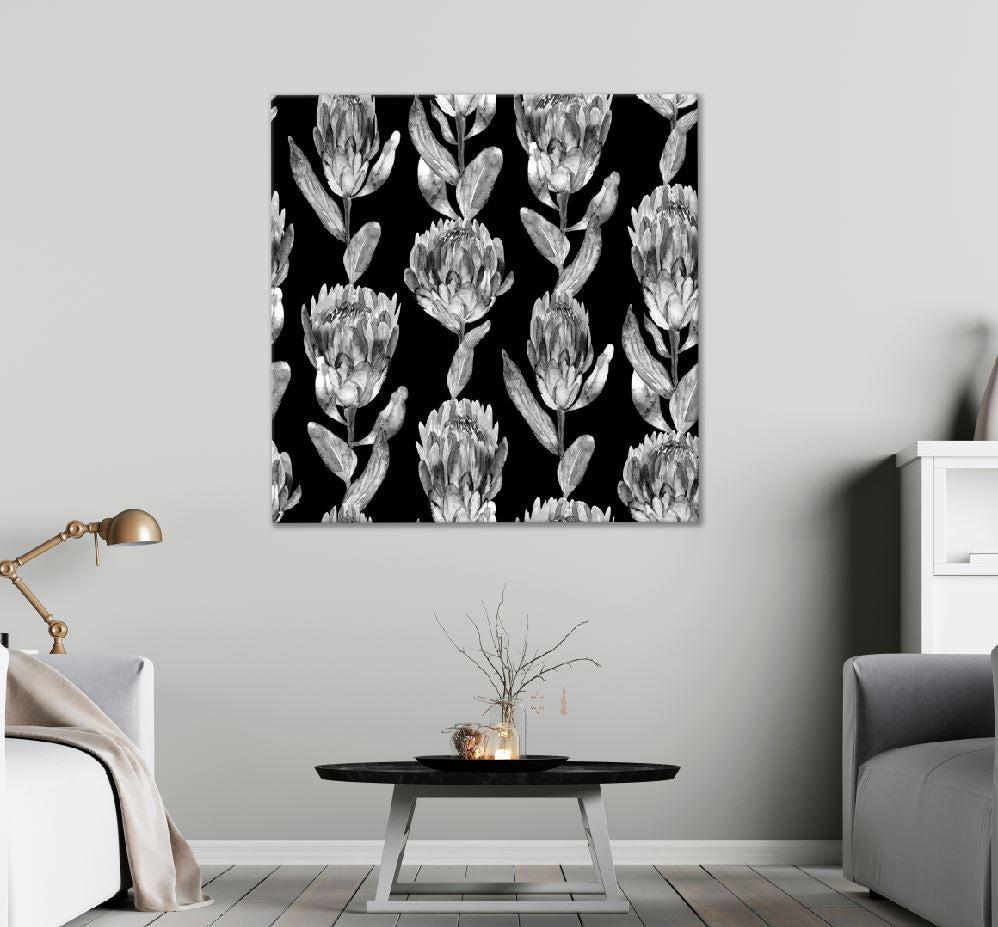 Square Canvas Protea Flowers B&W Design Art High Quality Print 100% Australian Made