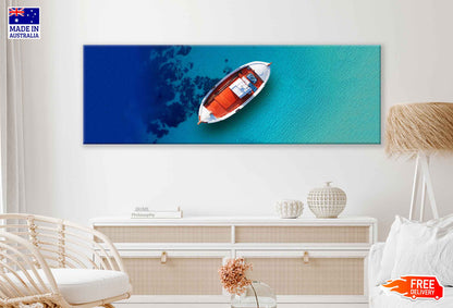 Panoramic Canvas Boat on Sea Aerial View Photograph High Quality 100% Australian Made Wall Canvas Print Ready to Hang