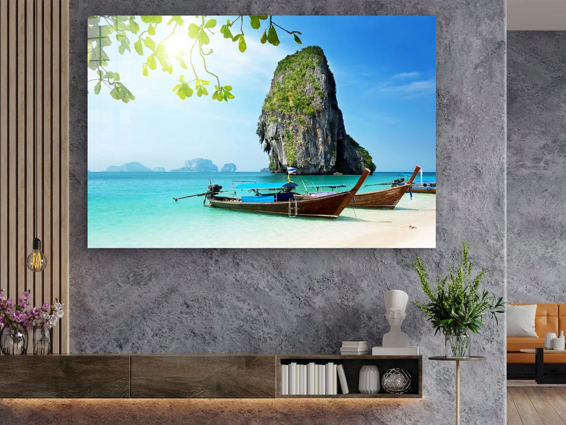 Boats near Cliff Sea Print Tempered Glass Wall Art 100% Made in Australia Ready to Hang